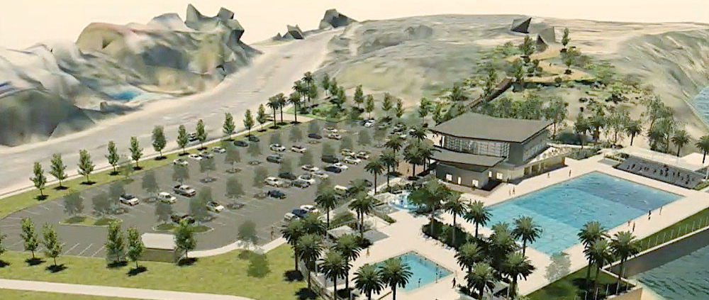 A rendering of what the public pool complex proposed at Lower Castaways Park would look like from the bay side. It would include a place to launch paddleboards and such. (Courtesy of the city of Newport Beach)