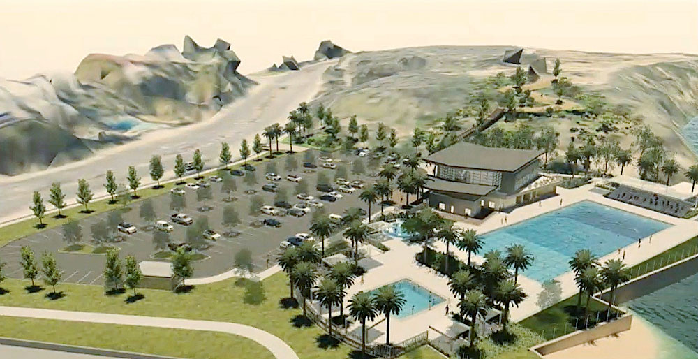 A rendering of what the public pool complex proposed at Lower Castaways Park would look like from the bay side. It would include a place to launch paddleboards and such. (Courtesy of the city of Newport Beach)